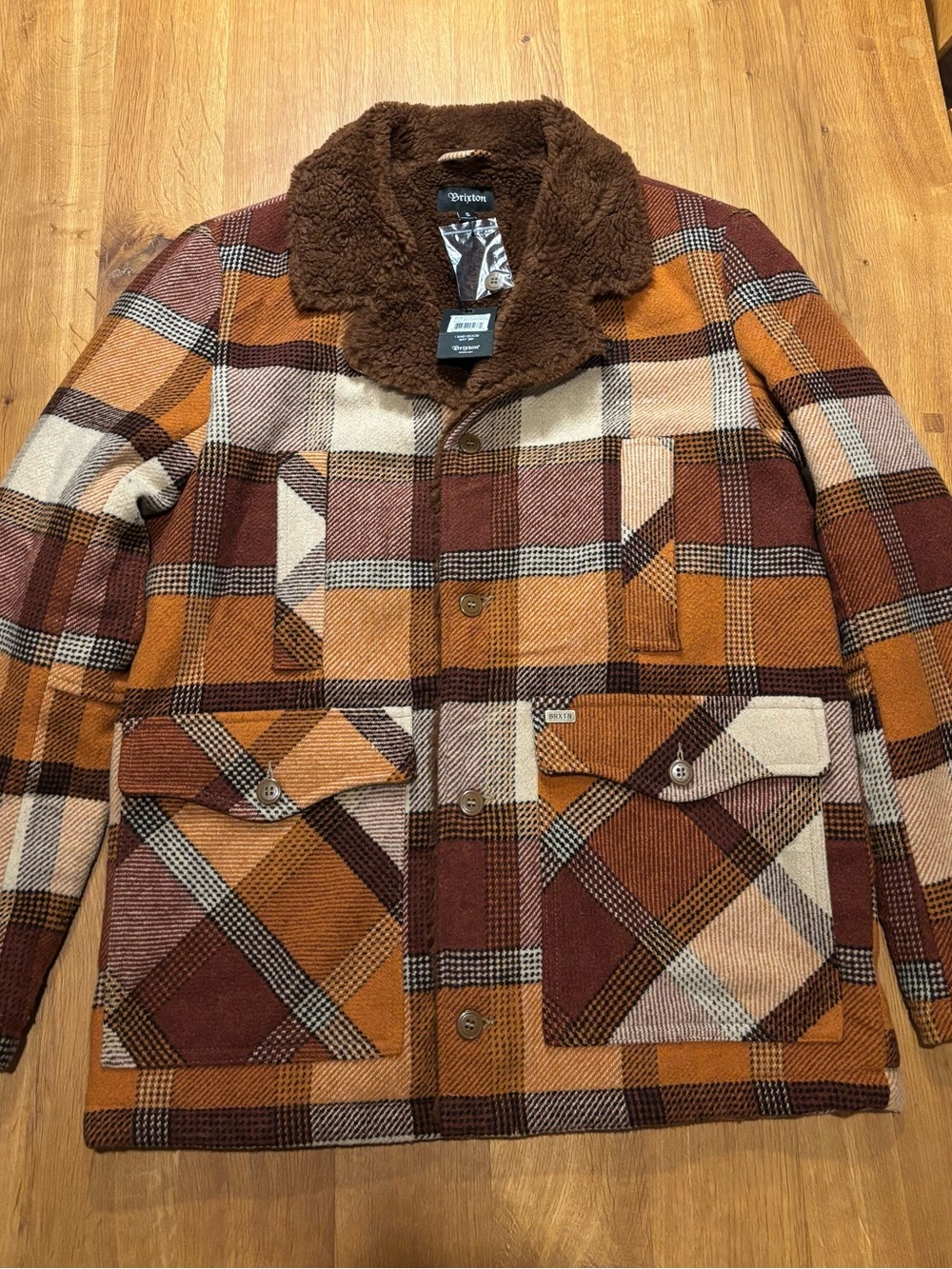 Brixton NWT Men’s Burnes Faux Fur Jacket Size S Brown Plaid - Retro Old School